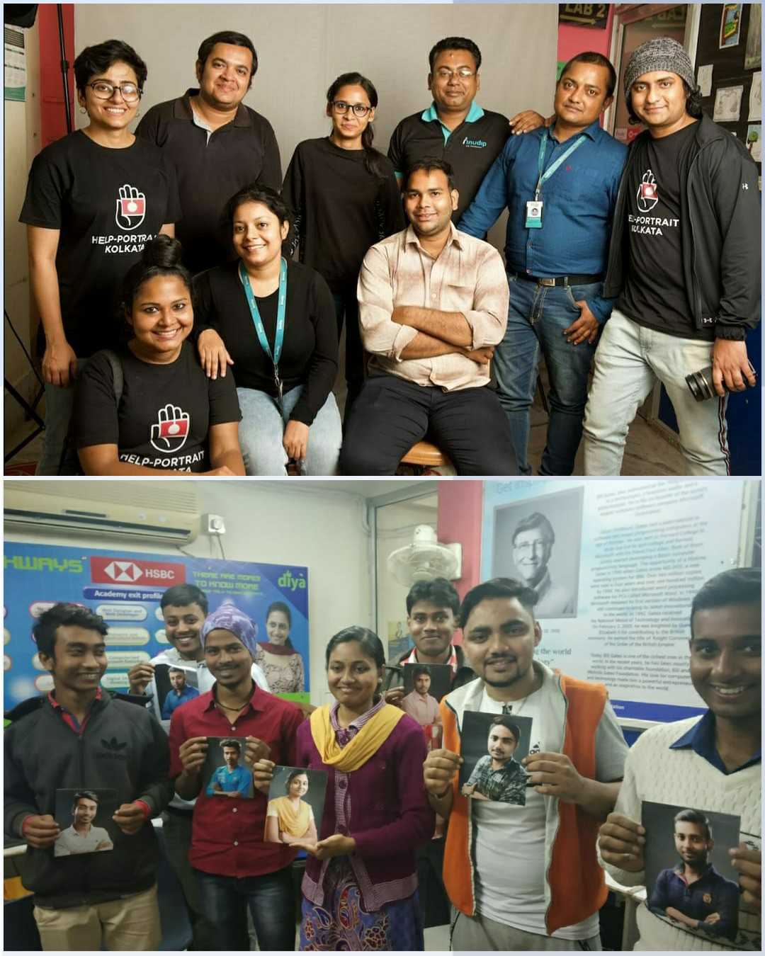 TOP - My Help-Portrait, Kolkata 2019 team alsong with the support team from Anudip Foundation, Baruipur centre pose for a group photo after wrapping up the shoot! BOTTOM - A few of the students with their portrait printouts from the HPK session.